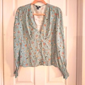Paige women's V neck blouse mint green floral size large